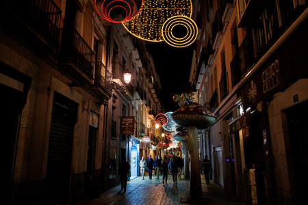the characteristic mushroom street in Alicante decorated for Christmas at nightの写真素材