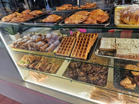 A variety of delicious pastries and baked goods are displayed on trays inside a glass counterの写真素材