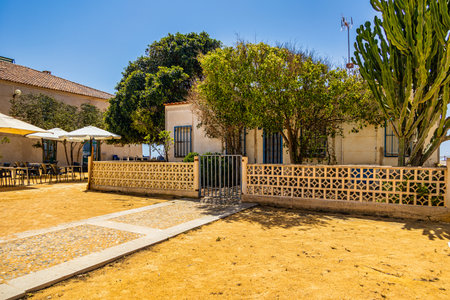 A charming Mediterranean house with a tiled pathway leads to a quaint gate, surrounded by lush trees and a sandy courtyardの写真素材