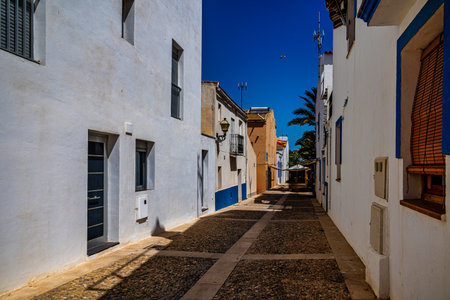 A narrow cobblestone street is flanked by buildings with vibrant blue shutters and doors, under a clear, sunny sky.の写真素材