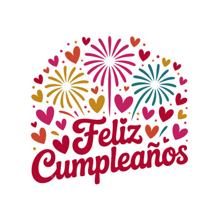 The image features a vibrant design with fireworks and hearts surrounding the words 'Feliz CumpleaÃ±os'.のイラスト素材