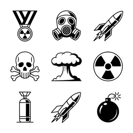 A collection of black and white military and gambling symbols. Includes images of a gas mask, missiles, and a radiation sign.のイラスト素材
