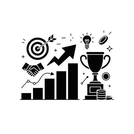 A collection of icons representing business success, including a trophy, bar graph, and target.のイラスト素材