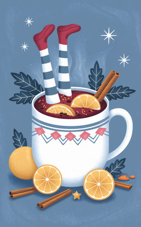 A large mug filled with mulled wine is adorned with cinnamon sticks and orange slices. Playful striped stockings dangle from the cup, adding a quirky touch.の素材
