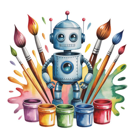 A cute robot stands surrounded by colorful paintbrushes and splashes of painの素材