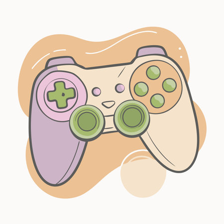 A stylized game controller features soft colors of beige, green, and purple, set against a light abstract backgroundの素材