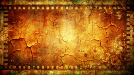 A vintage filmstrip border surrounds a cracked and weathered surface with a warm,の素材