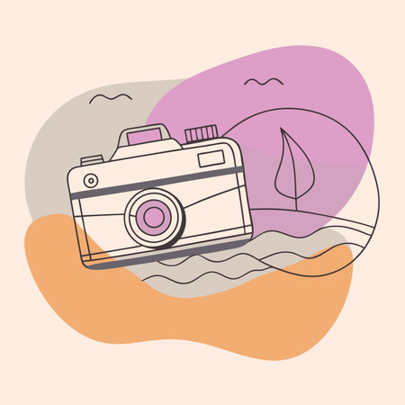 A stylized camera is depicted in front of abstract shapes and a simple landscape scene, including a leaf and hillsの素材