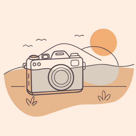 a camera is set against a simple landscape with rolling hills, a sun, and birds in the skの素材