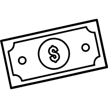 A simple line drawing depicts a paper currency note with a dollar symbol in the centerの素材