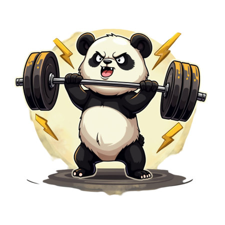 A cartoon panda is struggling to lift a heavy barbell, with flashes of yellow lightning in the background emphasizing its effectの素材