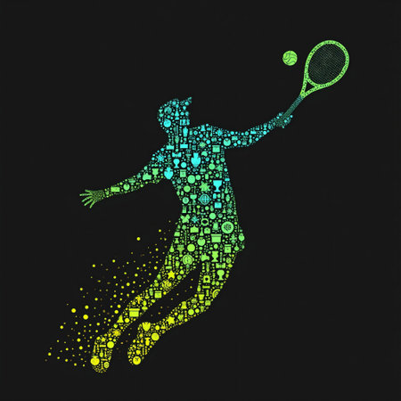 A silhouette of a tennis player in mid-air swing is created using various colorful iconsの素材