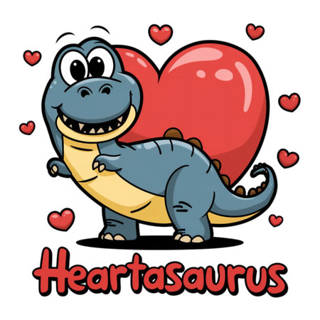 A cute dinosaur character, surrounded by floating red hearts, stands happily against a white background. Below the dinosaur, the word "Heartasaurus" is written in bold letters.の素材