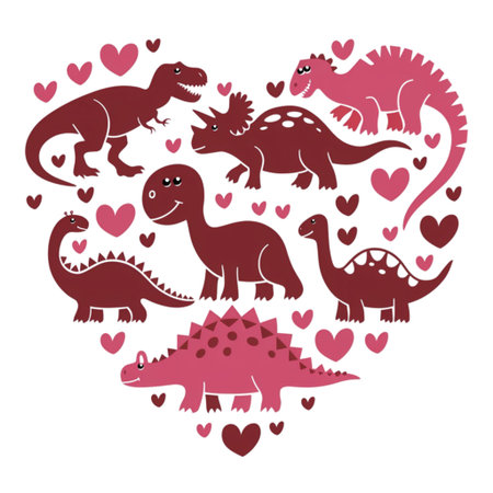 A collection of cheerful, cartoon dinosaurs is arranged in the shape of a heart, surrounded by small hearts in various shades of pink. The dinosaurs display diverse expressions and forms, adding a playful and endearing element to the composition.の素材