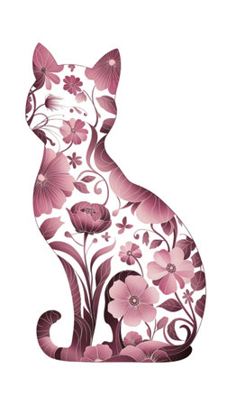 A silhouette of a cat is filled with intricate floral patterns, featuring shades of pink and mauveの素材