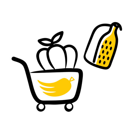A minimalist design features a shopping cart filled with groceries, including a pumpkinの素材