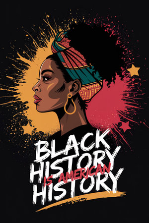 Black History is American History A vibrant design features a profile of a woman with a colorful headwrapの素材