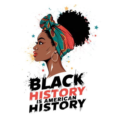 Black History is American History A profile of a woman with an Afro hairstyle and colorful headwrapの素材