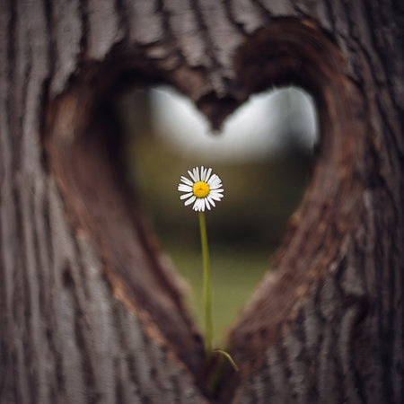 A delicate daisy stands at the center, framed by a heart-shaped carving in a tree trunkの素材