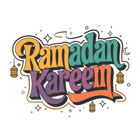 Bold, colorful typography spells out Ramadan Kareem surrounded by decorative lanterns and stars.の素材