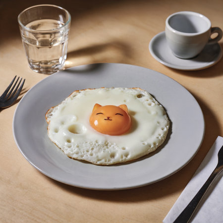 A fried egg on a plate features a yolk shaped like a cute cat faceの素材