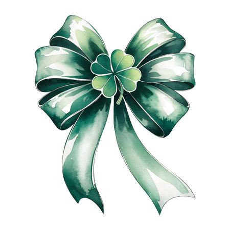 A decorative green ribbon bow features a clover design at its center, incorporating varying shades of green.の素材
