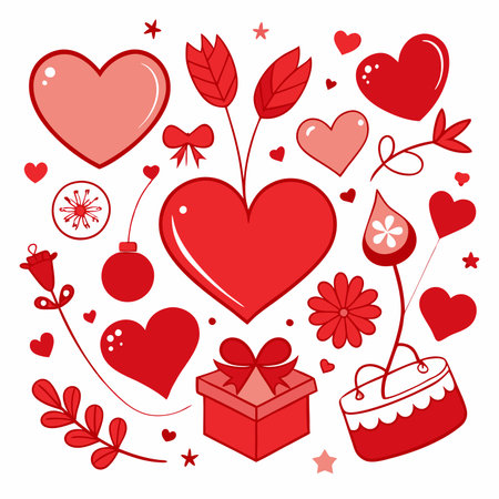 Various red and pink hearts are adorned with patterns like dots, flowers, and linesの素材