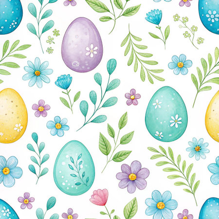 Colorful eggs and delicate flowers are scattered across a white background, creating a cheerful and festive designの素材