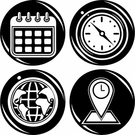 Four round icons display symbols representing a calendar, a clock, a globe, and a map with a location pin.の素材