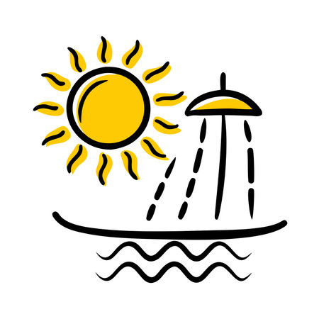 sun shines brightly over a beach scene with rippling waves and a beachの素材