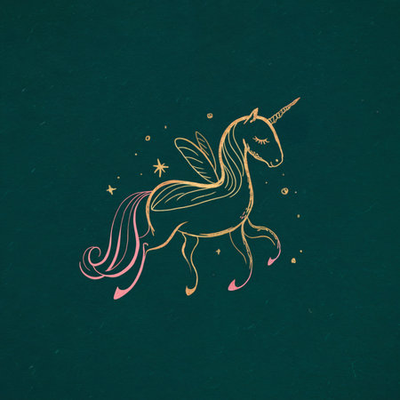 unicorn with soft pink wings and a golden horn stands gracefully against a dark green backgroundの素材