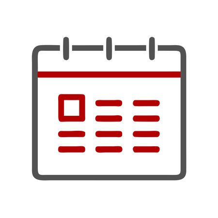 A simple calendar icon features a red and gray color scheme, with a minimalistic designの素材