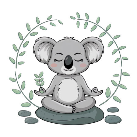 A cute koala sits peacefully in a meditative pose, surrounded by a circle of green eucalyptus leaves. The dark background enhances the serene atmosphere of the scene.の素材