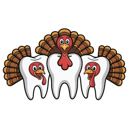 Three cartoon turkeys with feathers shaped like teeth The whimsical design combines elements of dentistry and Thanksgiving.のイラスト素材