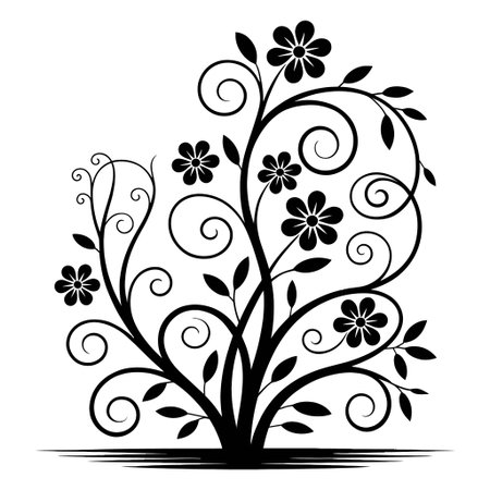 A detailed silhouette of a floral pattern featuring swirling stems and blooming flowers.のイラスト素材