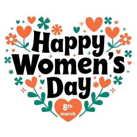 the phrase Happy Women's Day surrounded by orange and green floral elementsの素材
