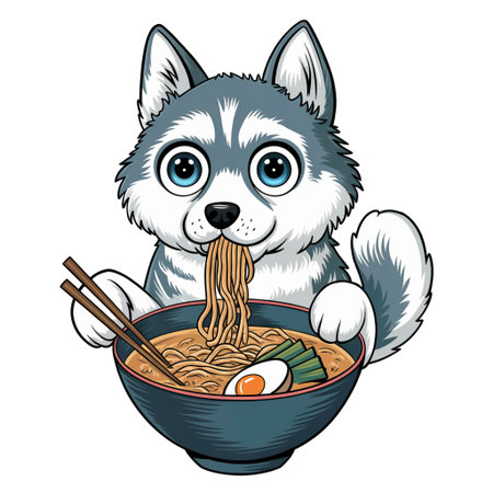 A cute dog with big eyes is enjoying a bowl of ramenの素材