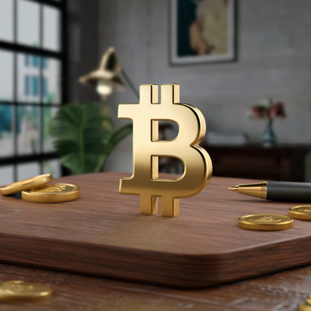 A golden Bitcoin symbol stands prominently on a wooden table, surrounded by gold coins and a penの素材