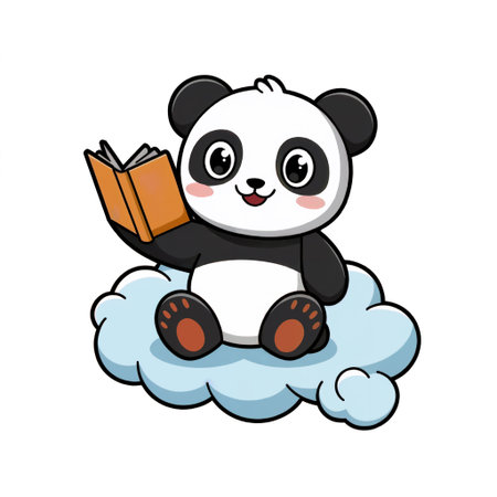 A cute cartoon panda is sitting on a fluffy cloud, happily reading a book.の素材