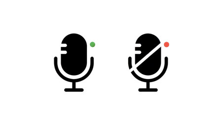 Two microphone icons are depicted, one on the left with a green dot indicating active status, and another on the right with a red dot and a slash indicating muteの素材
