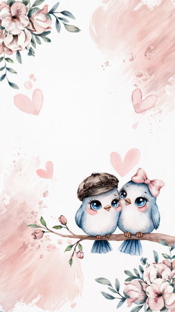 Two adorable blue birds, each adorned with a hat and a bow, perch lovingly on a branchの素材