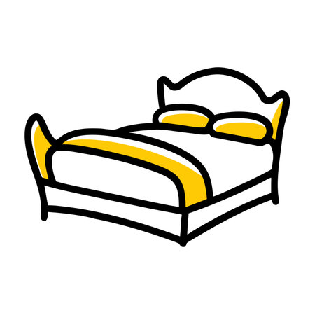 A simple, cartoon-style depiction of a bed showcases a white bed with yellow accentsの素材
