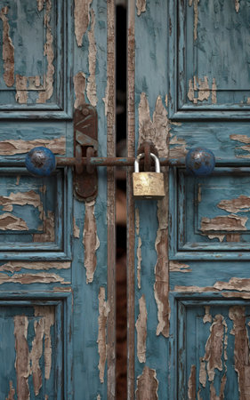 Weathered blue doors with peeling paint are secured by a rusty metal latch and a brass padlockの素材