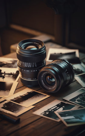 Two camera lenses are placed on a wooden surface, surrounded by a scattered collection photographs.の素材