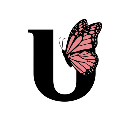 A large, bold letter U features a delicate pink butterfly perched on one side.の素材