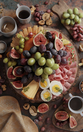 board features a vibrant array of fruits, cheeses, and meats, including figs, grapes, and sliced meats beautifully arranged with eggs and nutsの素材