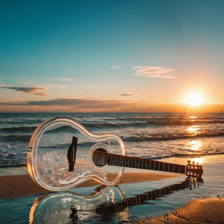 A clear guitar rests on the beach, reflecting the golden hues of the setting sunの素材