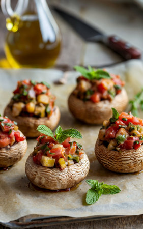 Savory stuffed mushrooms are topped with a colorful medley of diced vegetables and herbsの素材