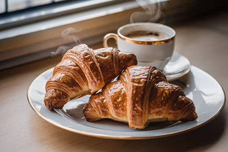 Two freshly baked croissants sit on a white plate beside a steaming cup of coffee, creating an inviting breakfast scene near a window.の素材