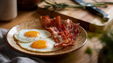 A plate features two sunny-side-up eggs and crispy bacon, creating a classic breakfast sceneの素材